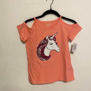 Girls Unicorn Top - Childrens Place - size M 7/8 Coral Cold Shoulder